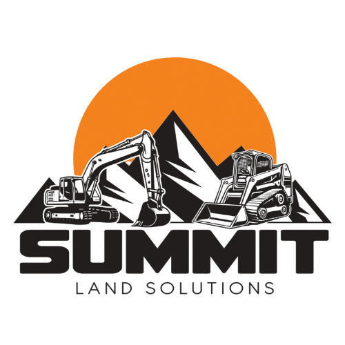 Construction equipment silhouettes with mountain and orange sun backdrop